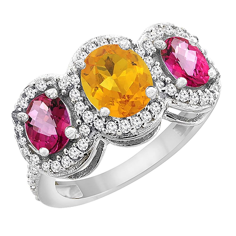 10K White Gold Natural Citrine & Pink Topaz 3-Stone Ring Oval Diamond Accent, size 5.5 by Gabriella Gold
