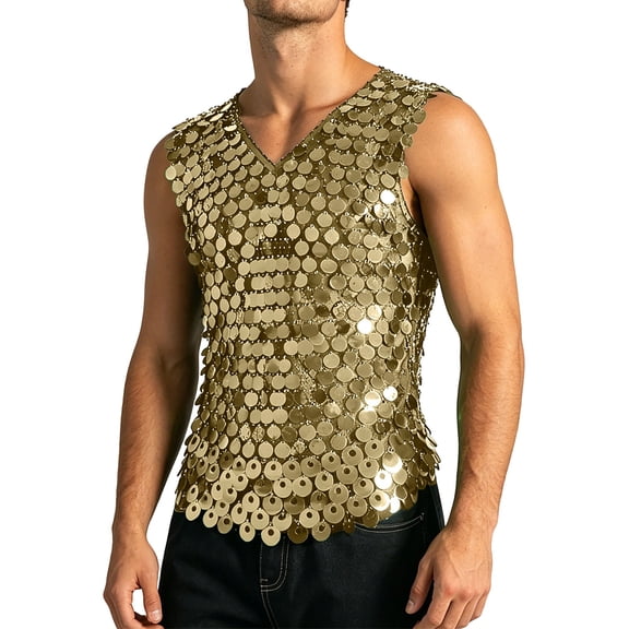 Landzoo Vest For Men Sequins Sleeveless V-Neck Undershirt Summer Cozy Soft Men Tank Tops Size L Gold