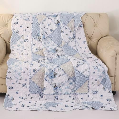 Twin Size Patchwork Quilt Throw Blanket for Couch Sofa Blue Vintage Floral Reversible Lightweight Quilted Bedspread Coverlets Flowers Quilt Soft Garden Comforter Bed Cover for Bed Home Decor