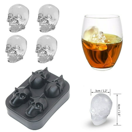 4 Grids 3D Skull Head Ice Cube Mold Whisky Bar Party Silicone Trays Wine Ice Cuber Chocolate