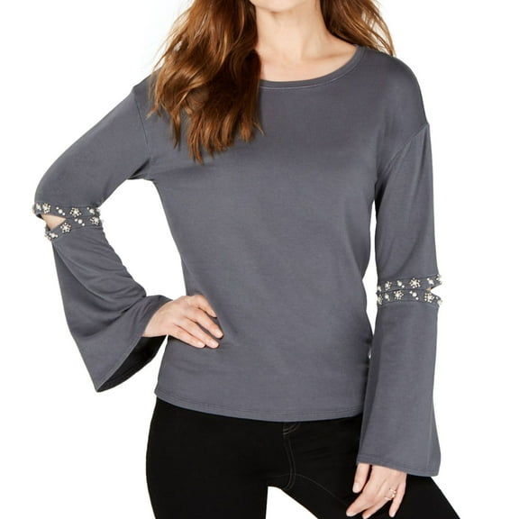 I.N.C Womens Embellished Elbow Knit Blouse, Grey, Large