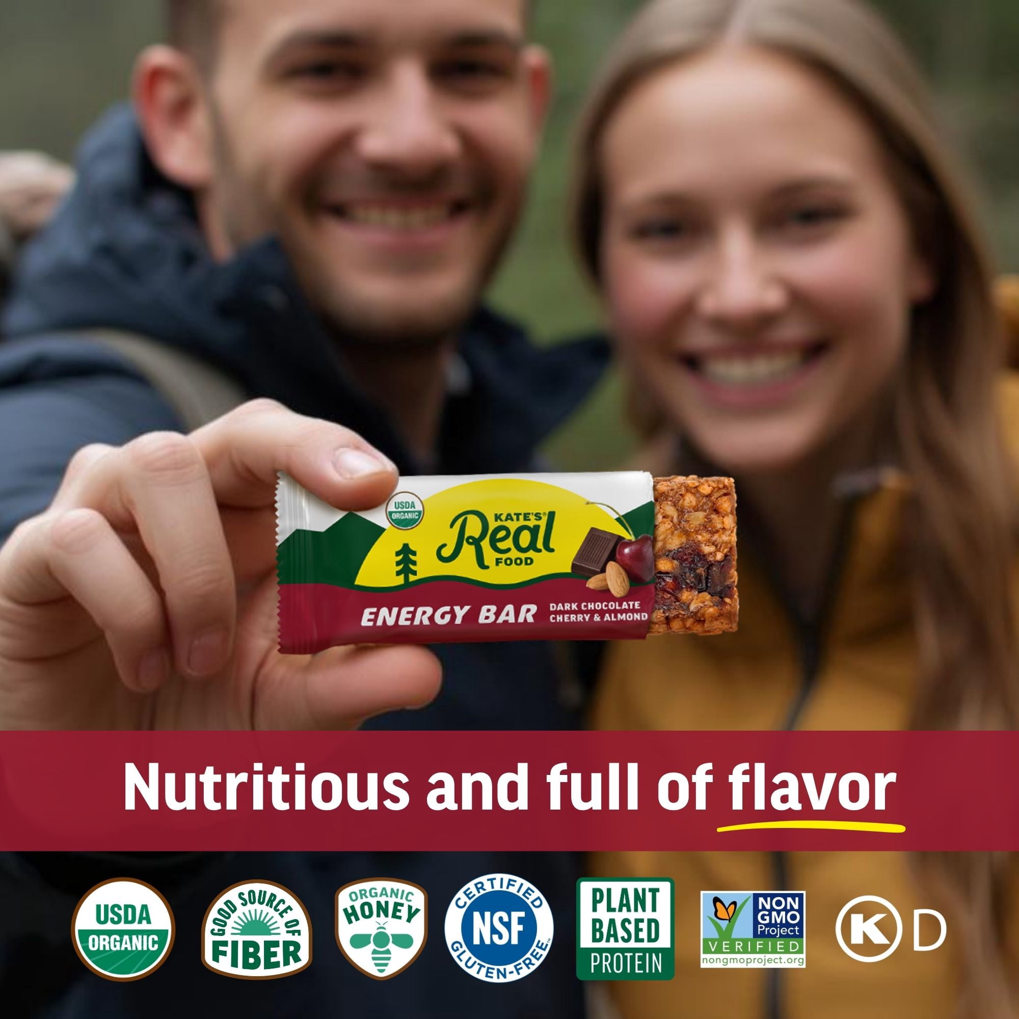 Kate’s Real Food Organic Granola Dark Chocolate Cherry & Almond All Natural Energy Bars - Non GMO, Soy Free, Whole Grain, and Made with Gluten Free Oats - 12 count