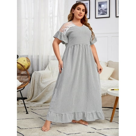 

Women s Plus Embroidery Mesh Yoke Plaid Print Sleep Dress 0XL(12) Black and White Casual F22001D
