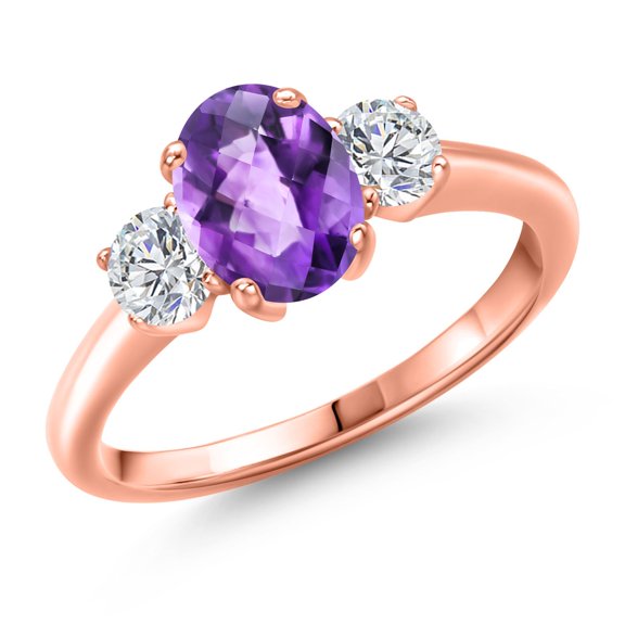 Gem Stone King 1.74 Ct Oval Checkerboard Purple Amethyst G/H Lab Grown Diamond 18K Rose Gold Plated Silver Ring