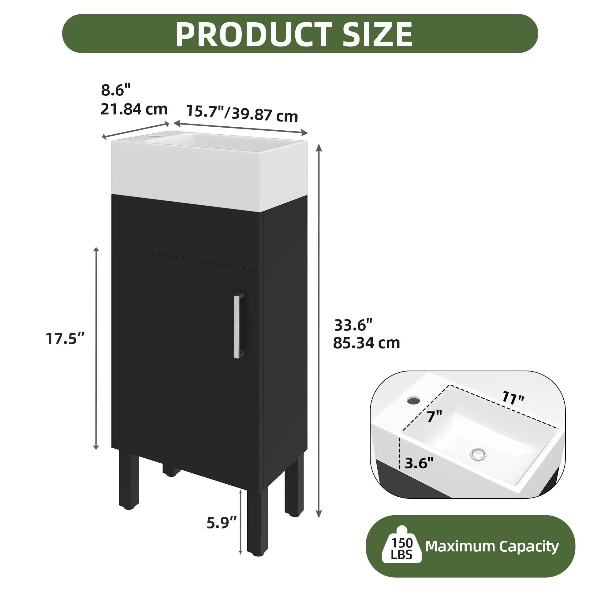 Uforic 16" Bathroom Vanity with Top Sink, Modern Free Standing Small Bathroom Storage Cabinet with Soft Close Door, Black