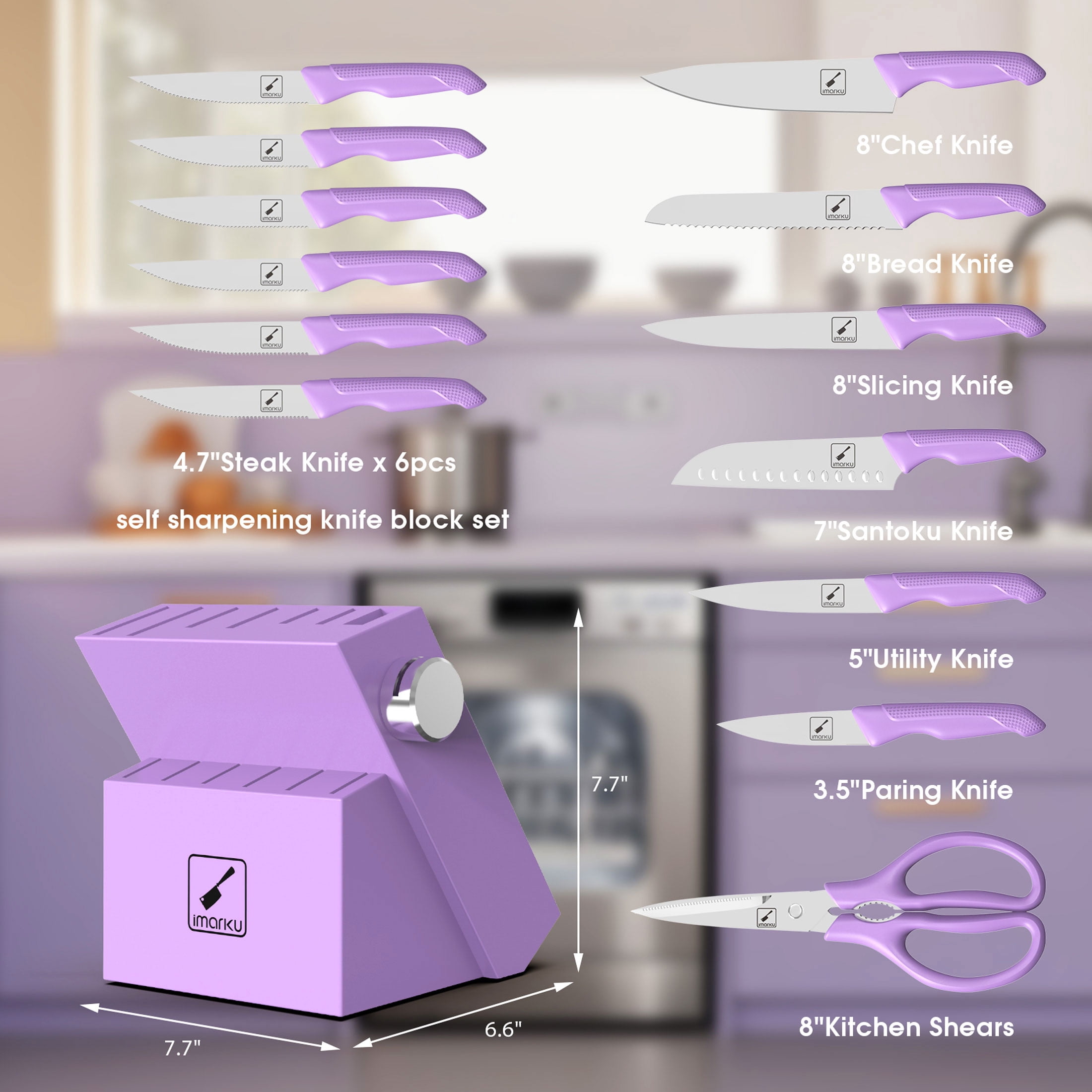 imarku 14-Piece Stainless Steel Kitchen Knife Block Set with Built-in Sharpener and Non-Slip Handles,Best Holiday Gifts,Purple,Fathers Day Gifts