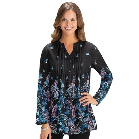 Women's Stylish Woven Paisley Print Tunic Features a Split V-Neckline with Pleated Bust, Xx-Large, Black