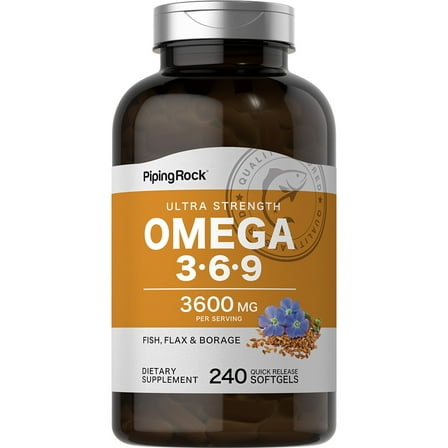 Omega 3 6 9 | 3600mg | 240 Softgel Capsules | Ultra Strength Supplement for Men and Women | by Piping Rock