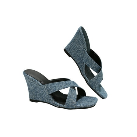 

Daeful Ladies Slippers Cross Strap Wedge Sandals Summer Sandal Comfort Beach Shoes Womens Non-Slip Slides Blue 5