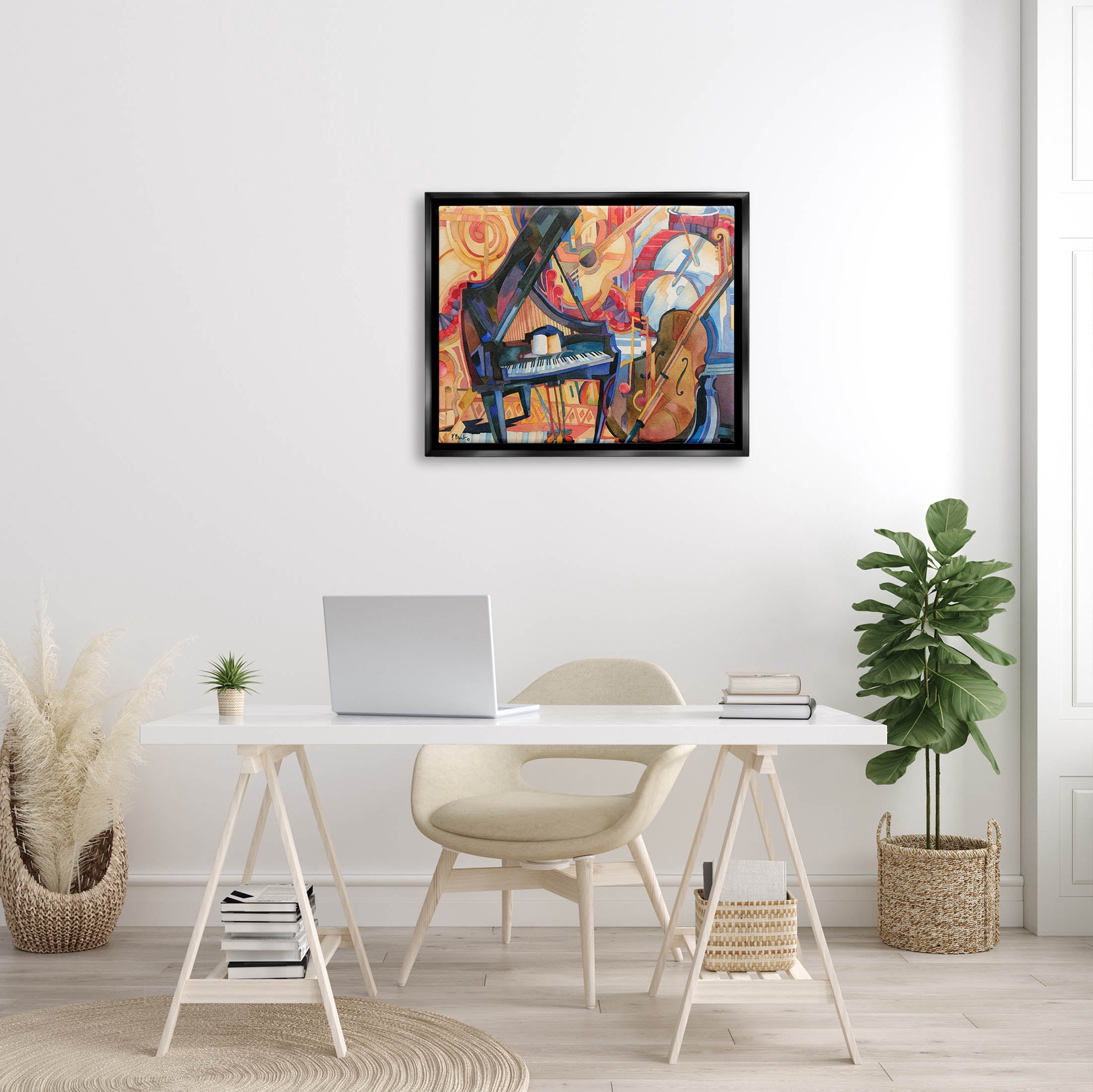 Stupell Industries Big City Music Piano Cubism Painting Jet Black Floating Framed Canvas Print Wall Art, Design by Paul Brent