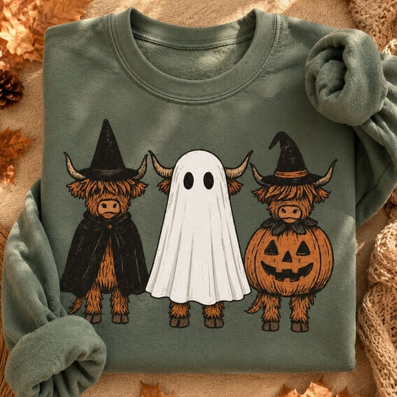 Halloween Shirt, Highland Cow Ghost and Witch Sweatshirt, Cute Pumpkin Costume Hoodie, Spooky Farm Animal T-Shirt, Cow Lover Gift for Women
