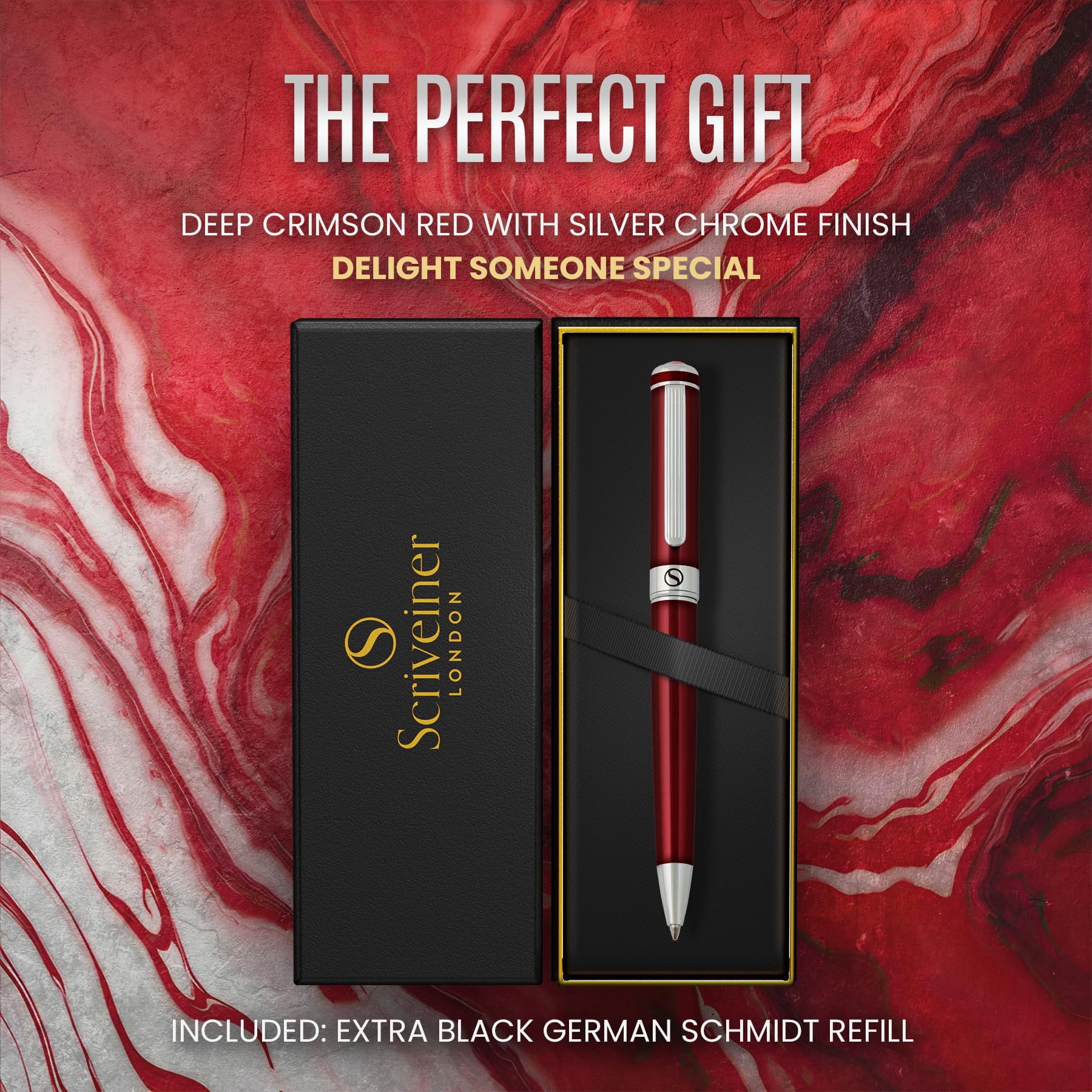 Deep Crimson Ballpoint Pen - Stunning Red Lacquer Luxury  Chrome Finish Schmidt Black Refill Ball Gift Set For Men & Women Professional Executive Office Nice Designer
