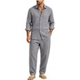 thumbnail image 5 of Delconic Mens Two Piece Outfit Long Sleeve Button Front Shirt and Drawstring Straight Leg Pants Casual Vacation Set Gray 2XL, 5 of 9