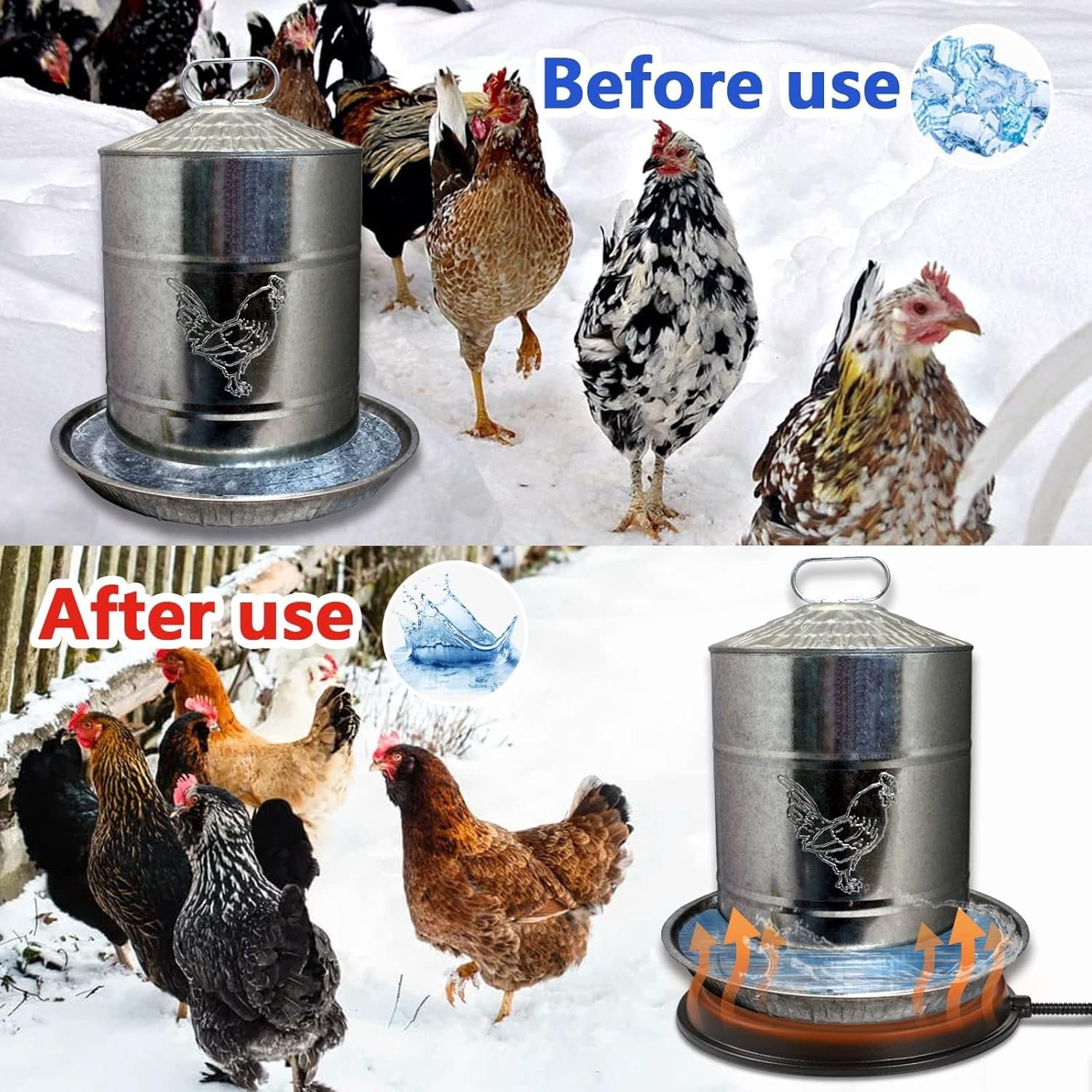 Heated Chicken Waterer with Thermostat - 80W Rapid Heating, Poultry Fountain, Continuous Cold Water Supply for Winter, Black, 120V Plug, No Battery Needed, Poultry Water Heater, Durable Construction