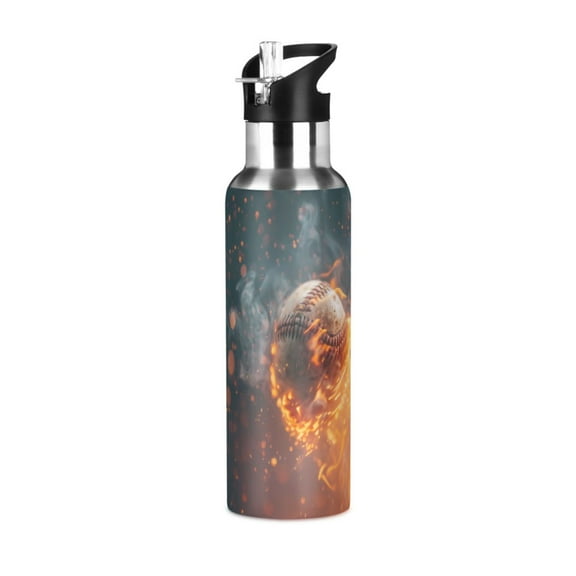 ALAZA Baseball Ball with Fire Water Bottle Insulated Flask Stainless Steel Straw Lid 20 oz