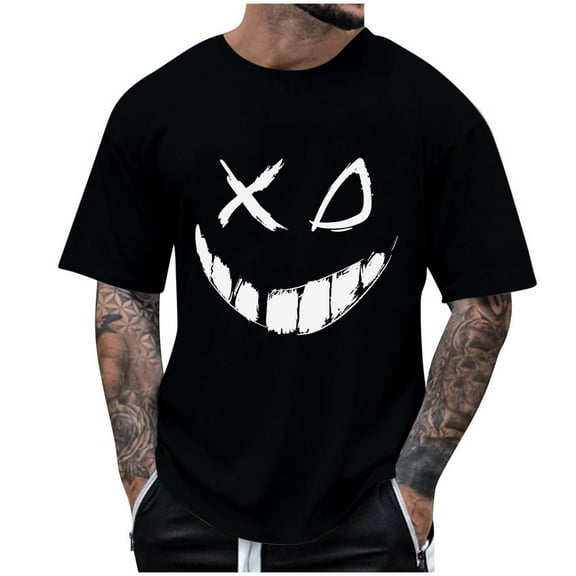 WREESH Halloween T-Shirts Summer Fashion Casual Men's Round Neck Printed T-Shirt Top Black