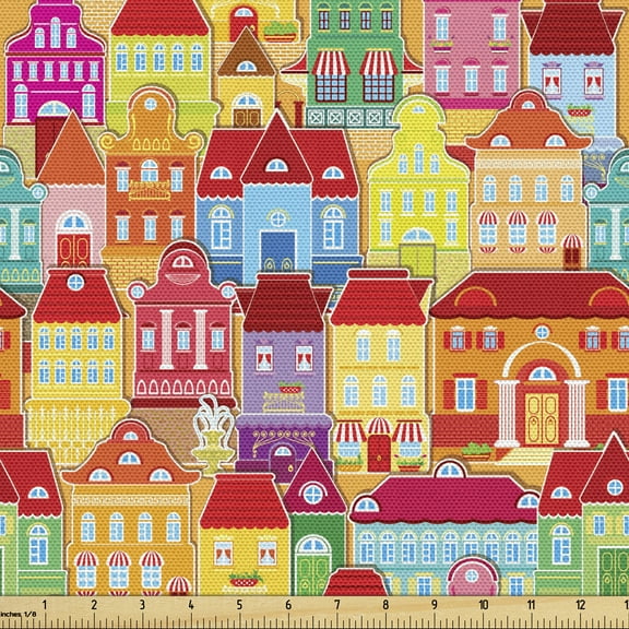 Ambesonne Urban Fabric by the Yard Upholstery, Colorful Houses, 5 Yards, Multicolor