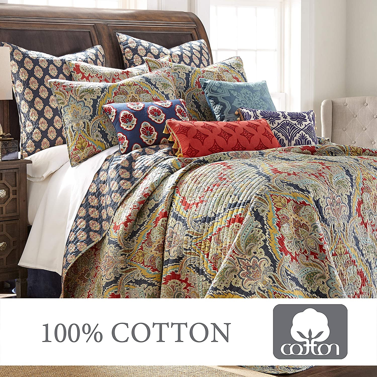 Levtex Home - Moreno Quilt Set - King Quilt + Two King Pillow Shams - Traditional Damask - Red, Blue, Grey, Gold, Teal - Quilt (106x92in.) and Pillow Shams (36x20in. ) - Reversible - Cotton