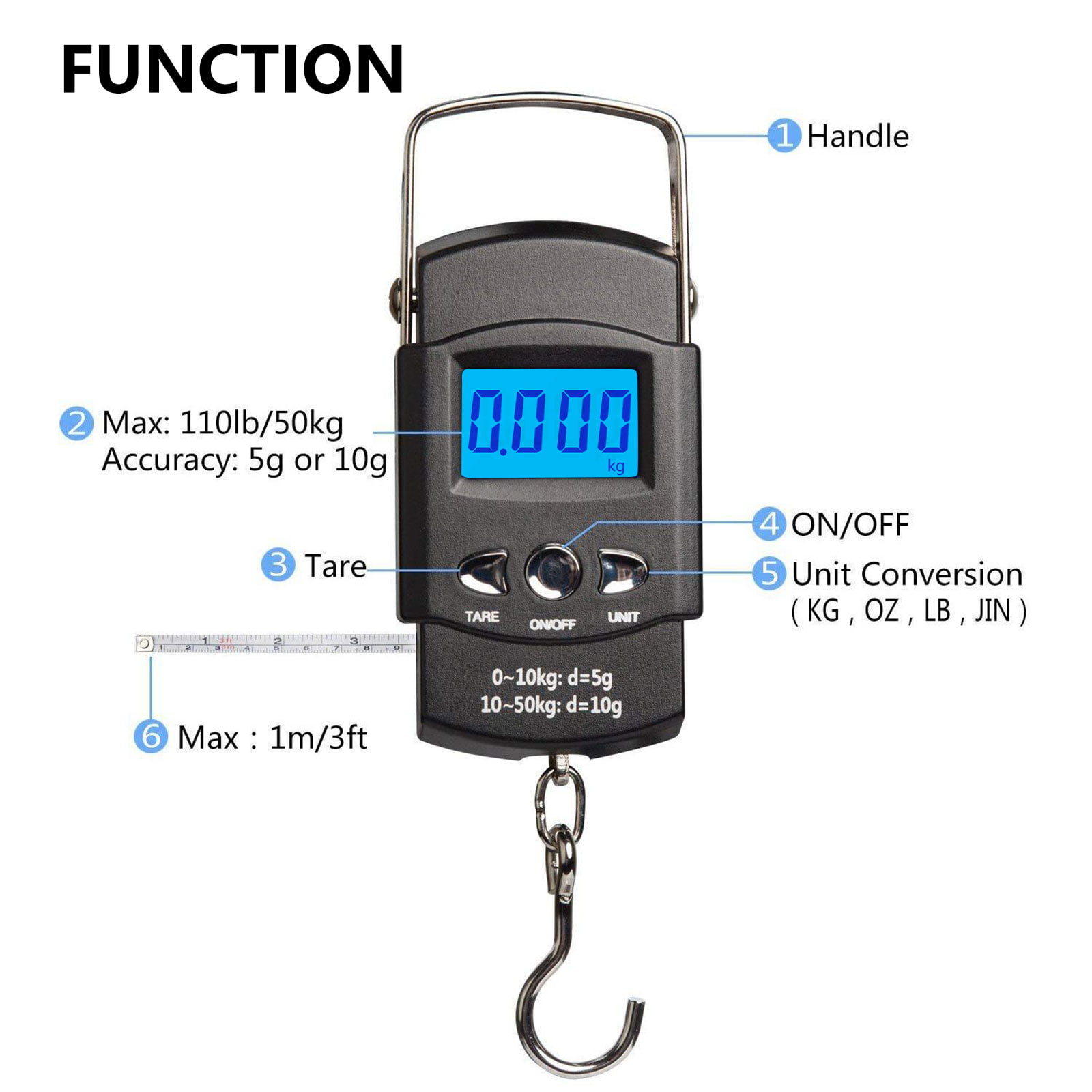 CyberDyer Fish Scale with Backlit LCD Display 110lb 50kg Digital Portable  Hanging Scale Fish Weigher Luggage Scale Fishing Gifts for Men (Black