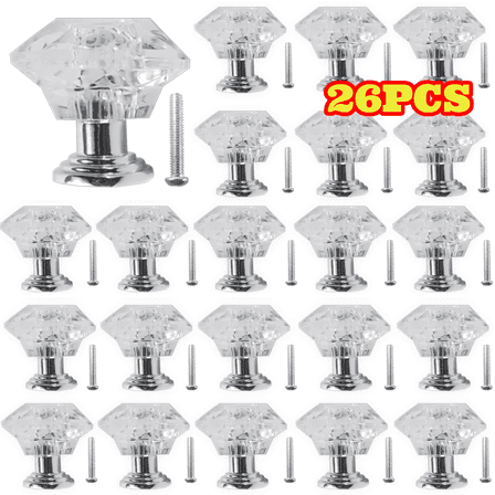 26pcs Clear Dresser Knobs, 24 mm Acrylic Diamond Knobs for Dressers Cabinet Cupboard Drawer Pulls