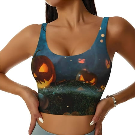 Jgfou Spooky Halloween Print Womens Sports Bra - Padded Workout Sports Bras Crop Tank Top