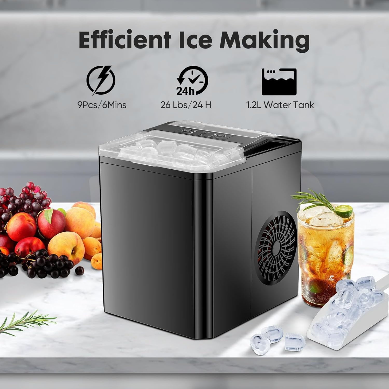 Bigleap Ice Maker, Portable Countertop Icemaker Machine, Self Cleaning Quiet 2 Sizes Bullet Cubes Makers, Basket for Home Kitchen Party,Black