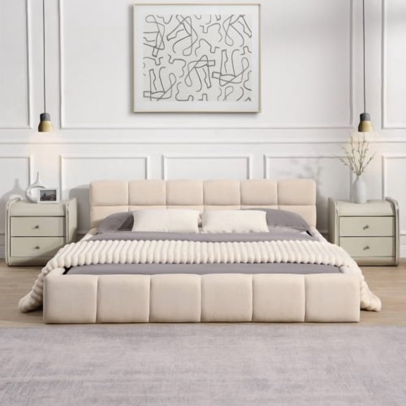 Queen Size Upholstered Bed, Elegant Chenille Bed Frame with Checkerboard Headboard, Beige Platform Bed, No Box Spring Needed, Beige