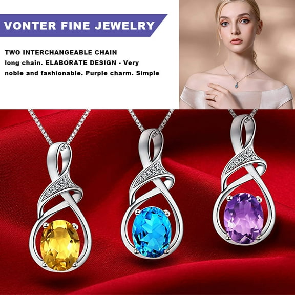 VONTER Fine Jewelry April May Birthstone Simulated Diamond Emerald Necklace for Mom Mothers Day Birthday Gifts Sterling Silver Garnet Amethyst Aquamarine Necklace with 18 Inch Silver Chain-Purple
