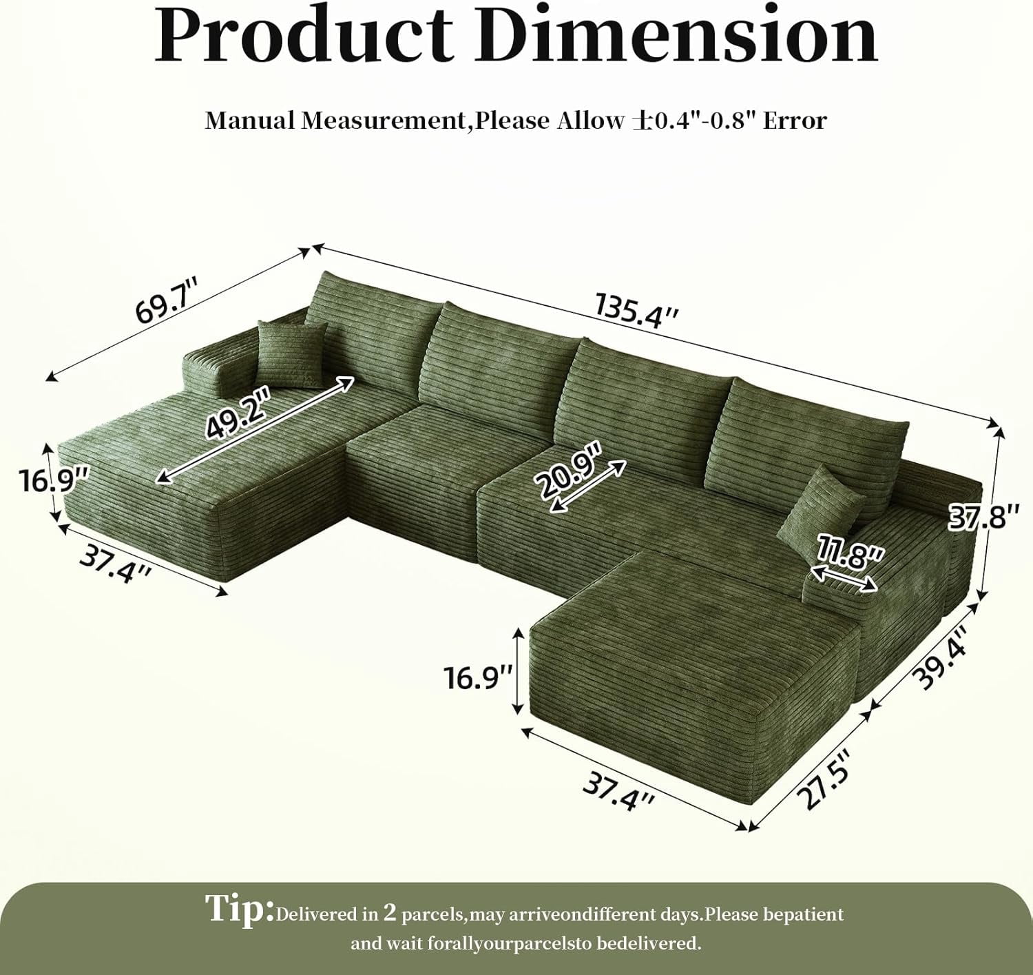 Sailvan 135" Cloud Sectional Couch, Cloudy Sofa with L-Shape Chaise & Ottoman, Upholstered Couches for Living Room & Bedroom, No Assembly Required, Plush Corduroy Fabric, Green