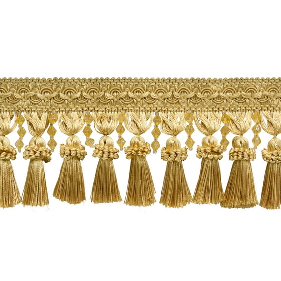 4" (10cm) Elegant Beaded Tassel Fringe with Fancy Gimp Header | Fringe Trim # BTFCT4,, Light Yellow Gold #50 (Light Gold, Yellow Gold, Golden Yellow) Sold By The Yard (36"/3 ft/0.9m)