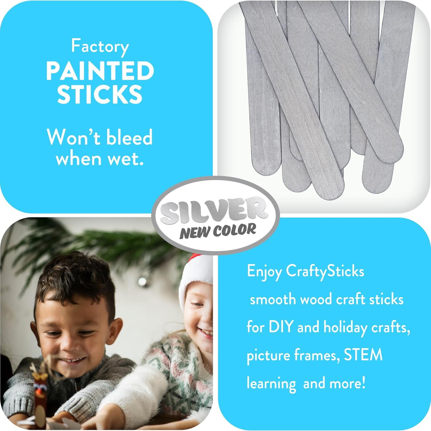 CraftySticks- 300 Pack 6 Inch Silver Painted Wood Craft Sticks, Jumbo Popsicle Sticks for Crafts, Learning and STEM Basics