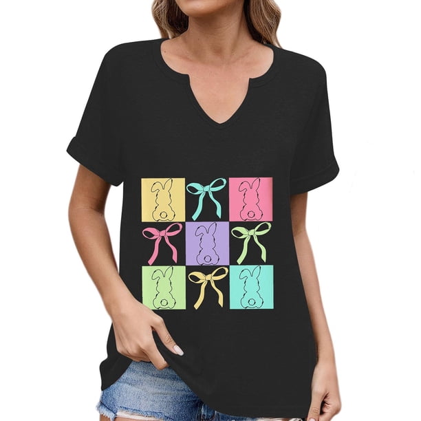 Corto para las Mujeres Casual Verano 2025 Pascua Impresión V-Cuello Camiseta, Ligero 95% Poliéster 5% Spandex Top para Toda la Temporada Hogar Y Diario