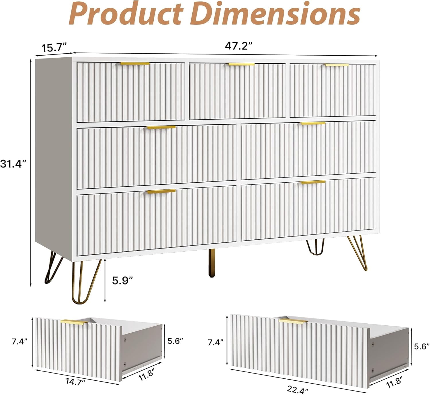 FURNIWAY Dresser for Bedroom, Fluted Modern Dresser with Gold Pulls and 7 Drawers,Fluted Wood TV Stand for Living Room, Hallwa,White