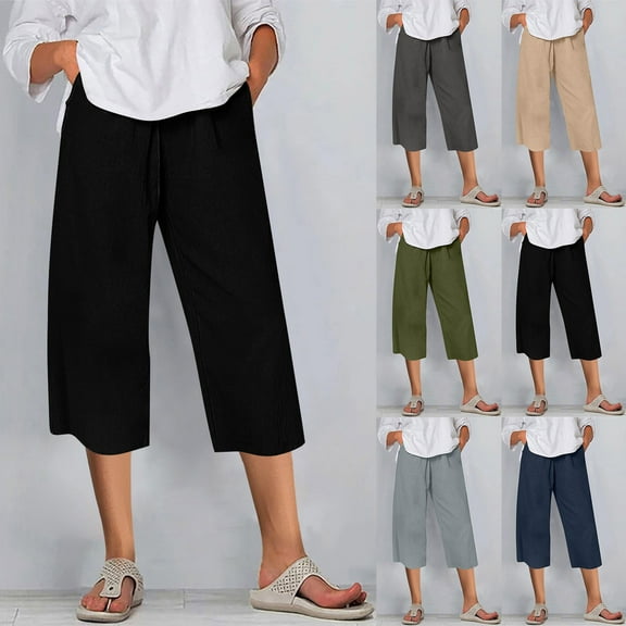 Htigea Clearance Womens Summer 3/4 Pants Flowy High Waisted Loose Casual Lounge Pant Wide Leg Palazzo Capris with Pockets Fall Savings Black,2XL