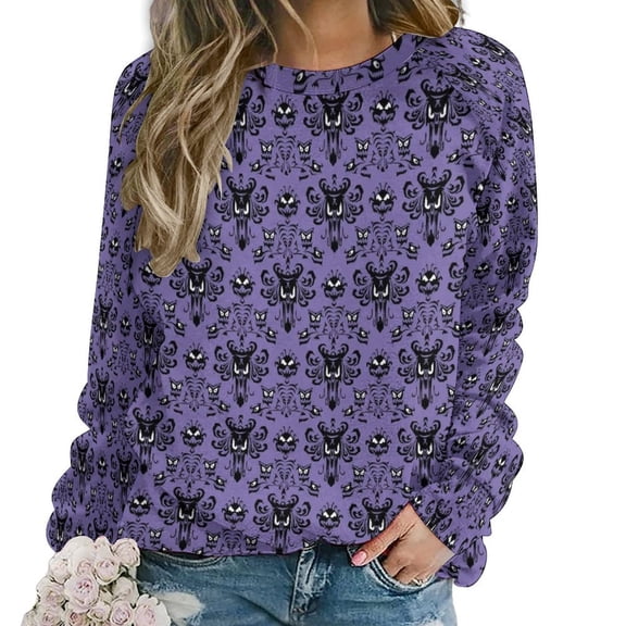 Halloween Purple Fashion Round Neck Long Sleeve Printed Elegant Casual Loose Hoodie