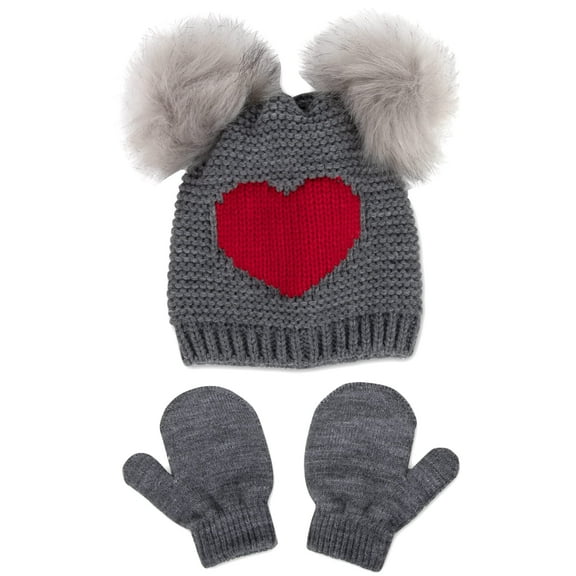 Baby Essentials Stretch Crochet Knit Beanie Hat with Pom Poms and Matching Pair of Mittens for Newborn, Infant & Toddler Girls 0 – 12 Months in Gray and Red Heart Print