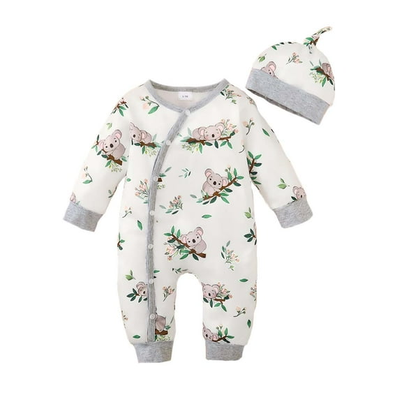 Kucnuzki Newborn Baby Boy Clothes 9 Months Winter Jumpsuit Bodysuit 12 Months Long Sleeve Little Koala Prints Button-Up Overall Jumpsuit Hat 2PCS Set Gray
