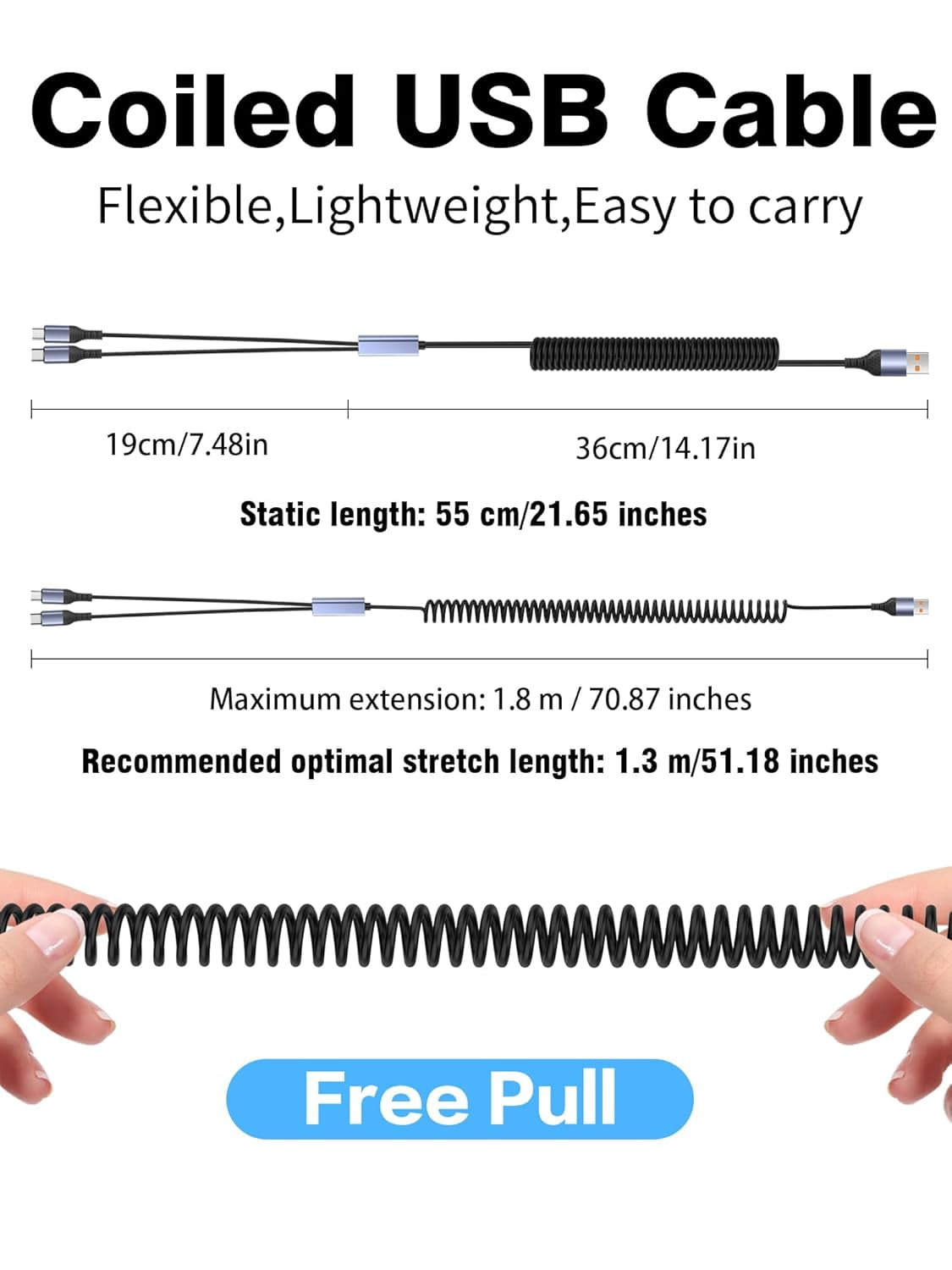 HRTGFD-66W 2-in-1 Retractable Coiled USB Cable with Micro USB Type-C Connector for Phone,Laptop,Tablet,Multi-Charge Spring Cable 6A Fast Charging & Data Sync (USB A to Micro USB & Type-C)
