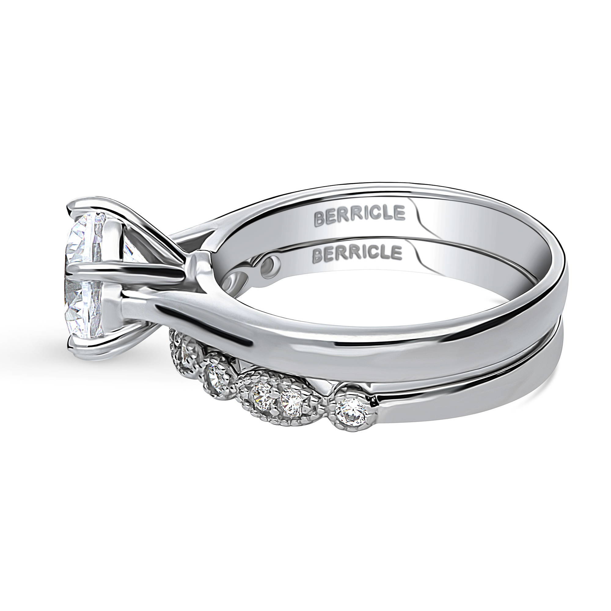 BERRICLE Sterling Silver Milgrain Wedding Engagement Rings 2 Carat Cubic Zirconia CZ Solitaire Ring Set for Women, Rhodium Plated Size 4
