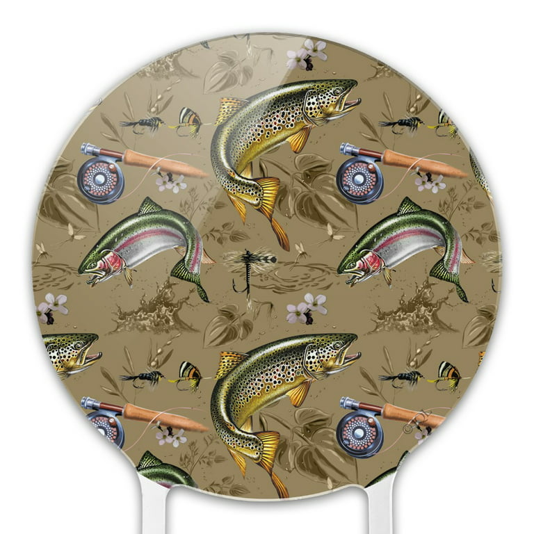 Acrylic Trout Stream Fish Fly Fishing Rod Reel Cake Topper Party Decoration for Wedding Anniversary Birthday Graduation