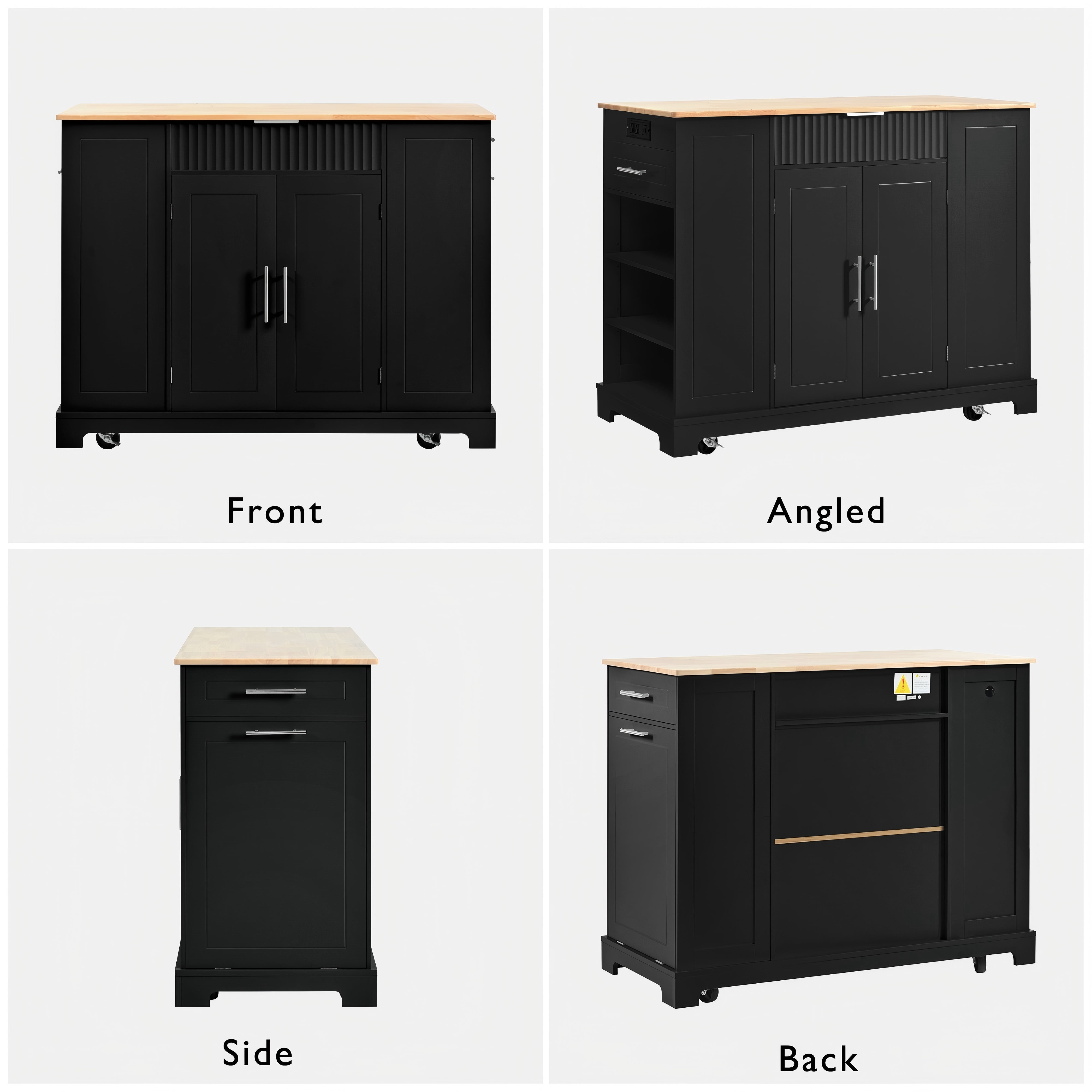 Homy Casa Kitchen Island with Power Outlet, Hidden Trash Bin, Rolling Storage Cabinet with Drawers, Black