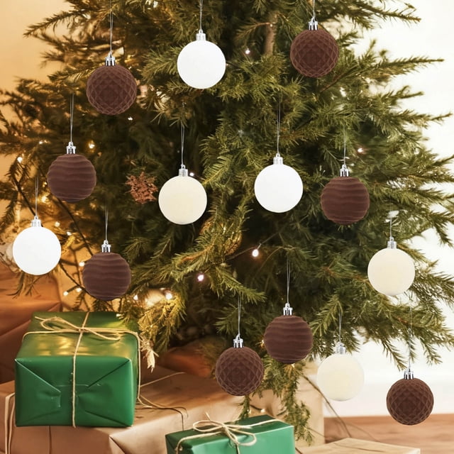 Adornos navideños de bolas flocadas para árbol de Navidad | Bolas de plástico para decoración navideña | Juego de 16 adornos colgantes para árbol de Navidad, corona y repisa de chimenea