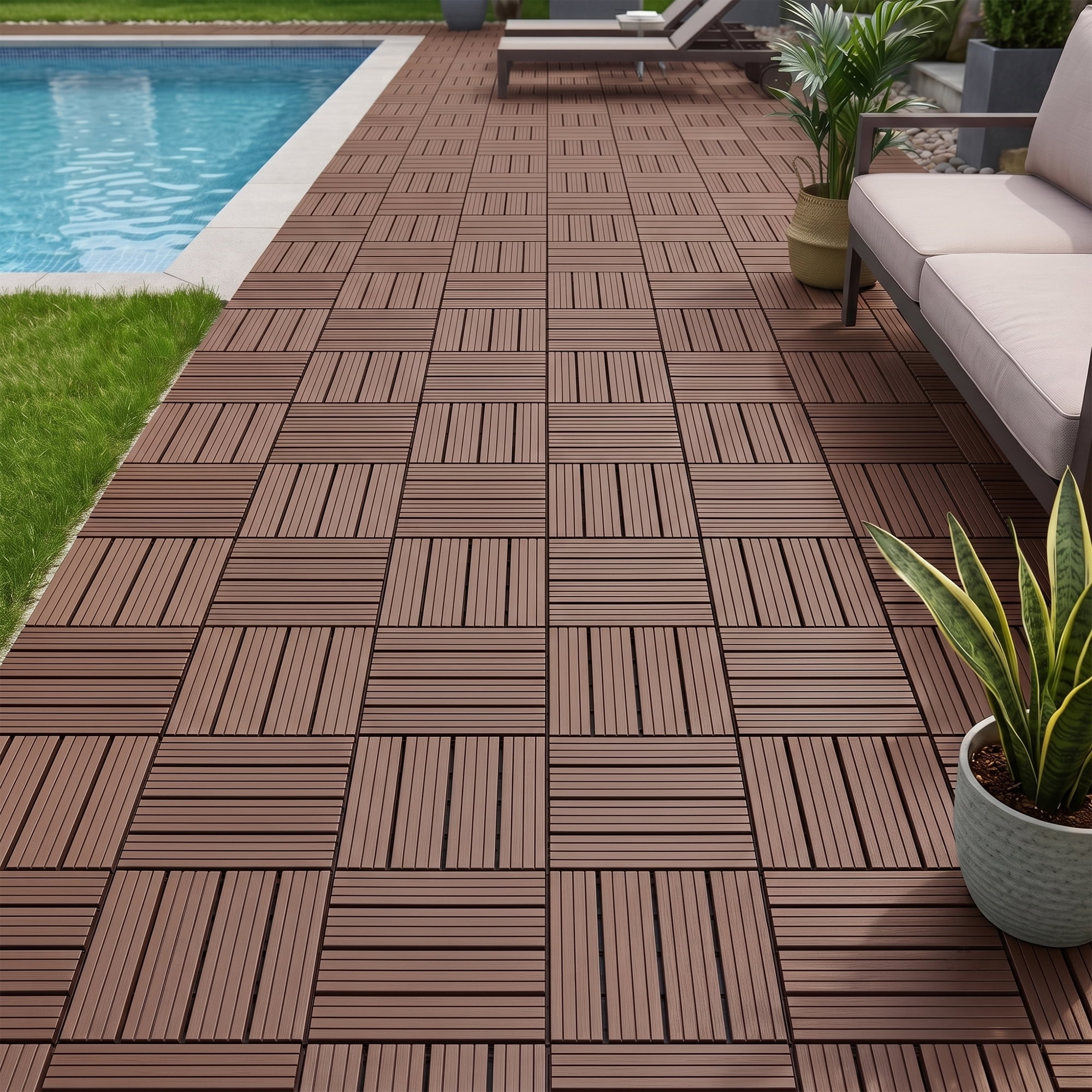 Interlocking Deck Tiles 12x12 in, Waterproof Non-Slip Outdoor Patio Flooring with Drainage Design, Snap Together Tiles for Poolside Porch Garden Backyard, Brown, 44pcs