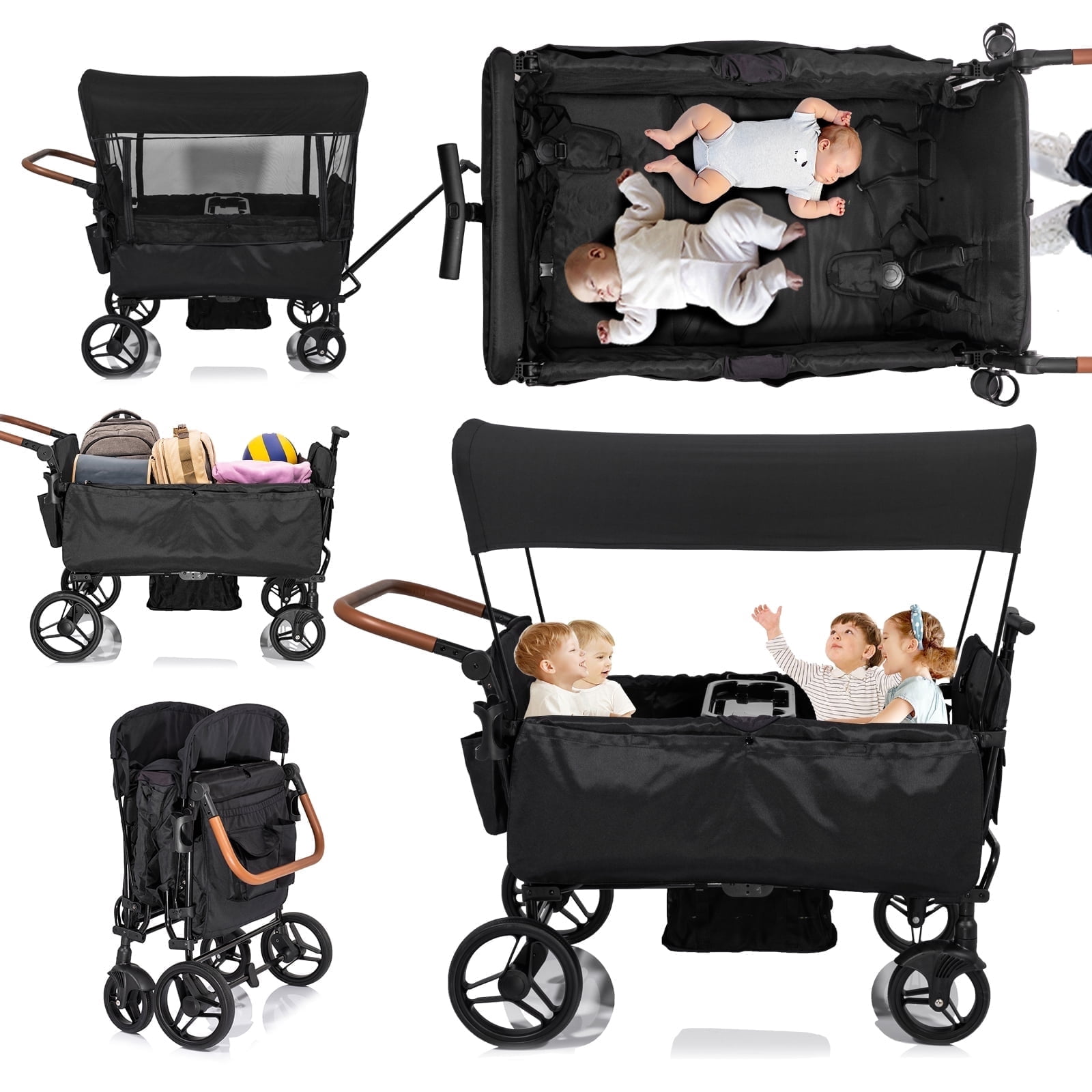 Wagon Stroller for 4 Kids-Toddler with 5-Point Harness,Adjustable Handle Bar and Canopy,Footwells,Tray Table,Cup Holder