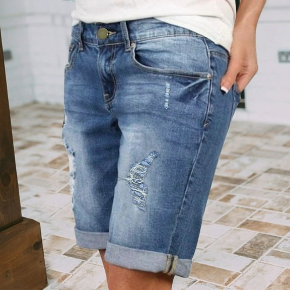 Lroveb Denim Shorts for Women Summer High Waisted Ripped Jean Shorts With Pockets Casual Loose Knee Length Bermuda Shorts Blue
