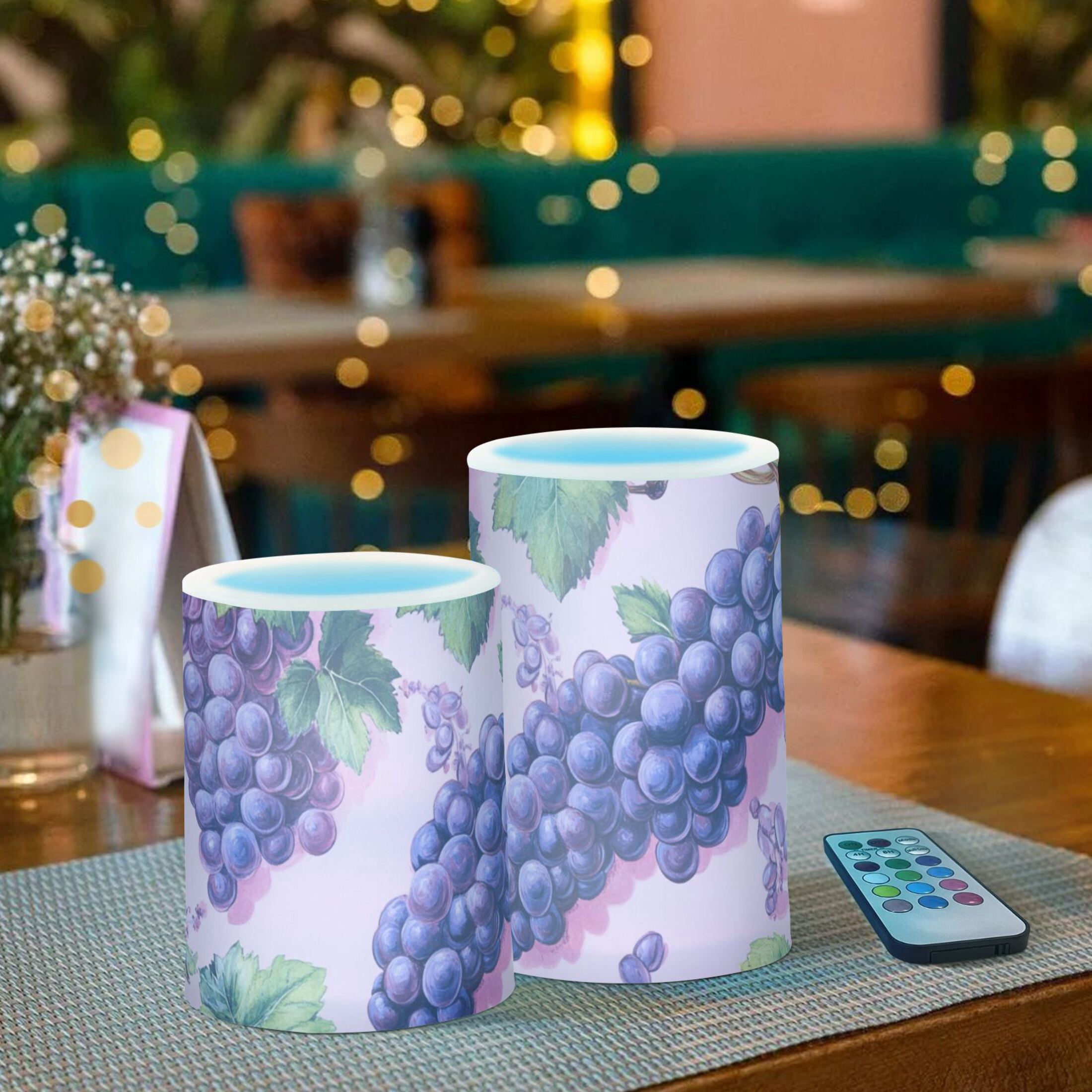 Purple Grapes Flickering Flameless Candles Battery Operated with Remote Timer LED Pillar Candles Set of 2