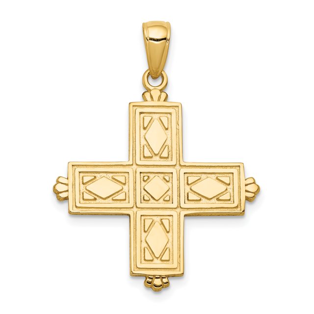 14K Yellow Gold Etched Square Cross w/Crown Tips Pendant