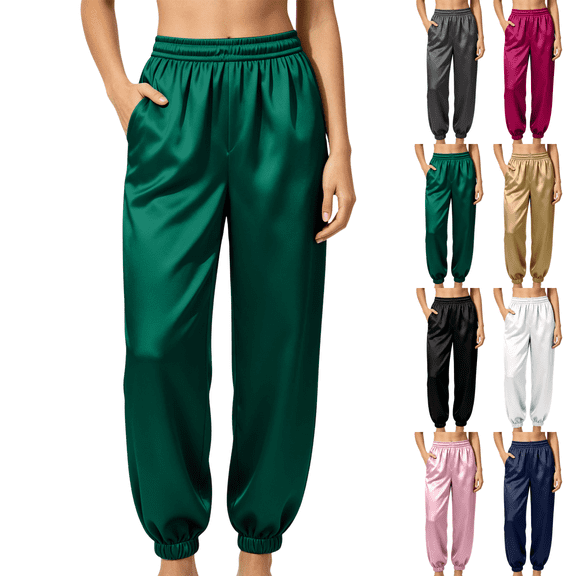 Sunnin Womens Satin Jogger Pants Elastic Waist Cuffed Ankle Side Pockets Silky Lounge Pajama Sleepwear Trousers