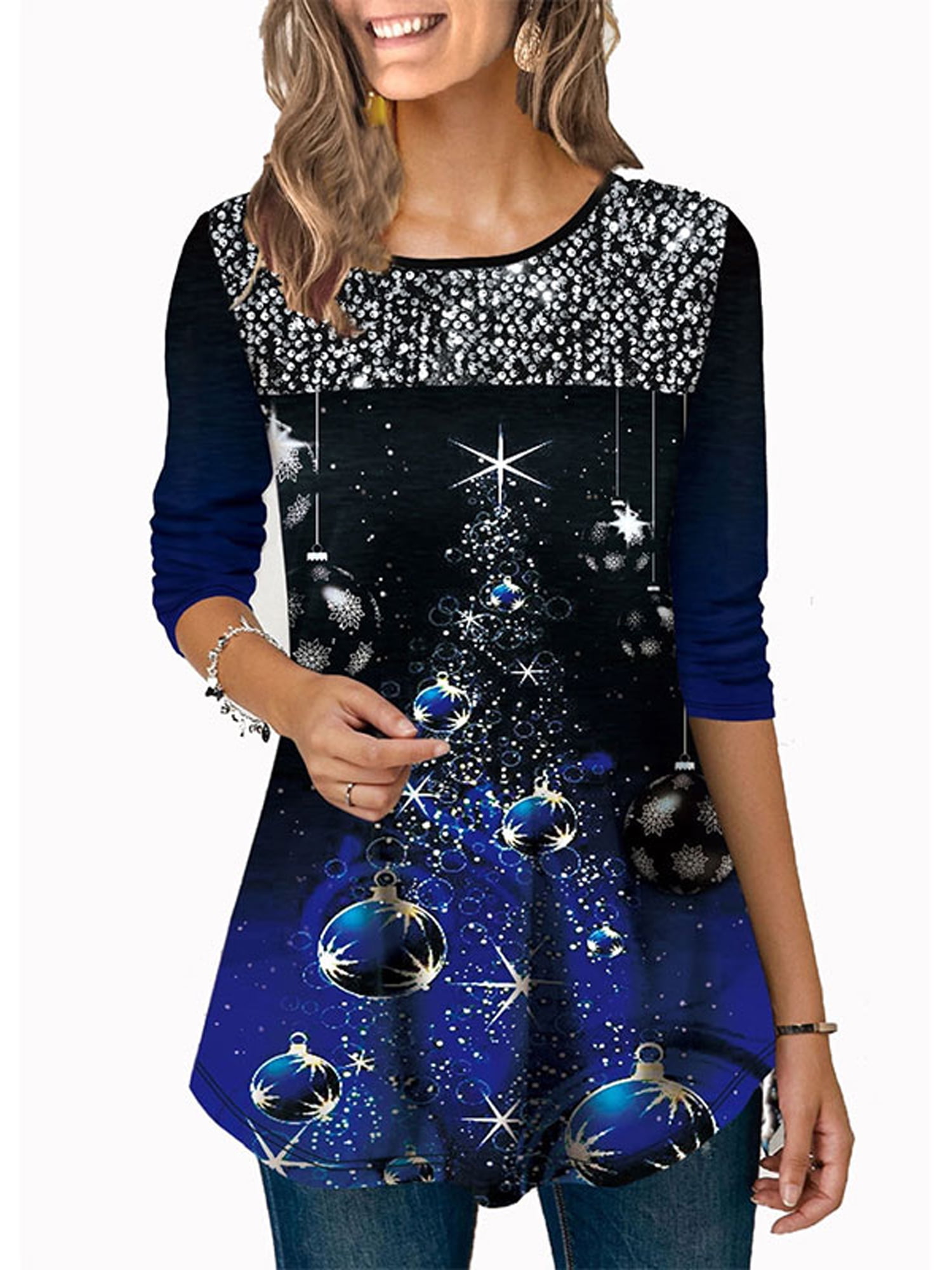 Wodstyle - Women's Christmas Sequin Plus Size 3/4 Sleeve Crew Neck Blouse T Shirt Tops - Walmart 