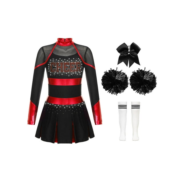 inlzdz Costume de Cheerleader Halloween pour Filles Manches Longues Uniforme de Danse Cosplay Rouge&Blanc 12